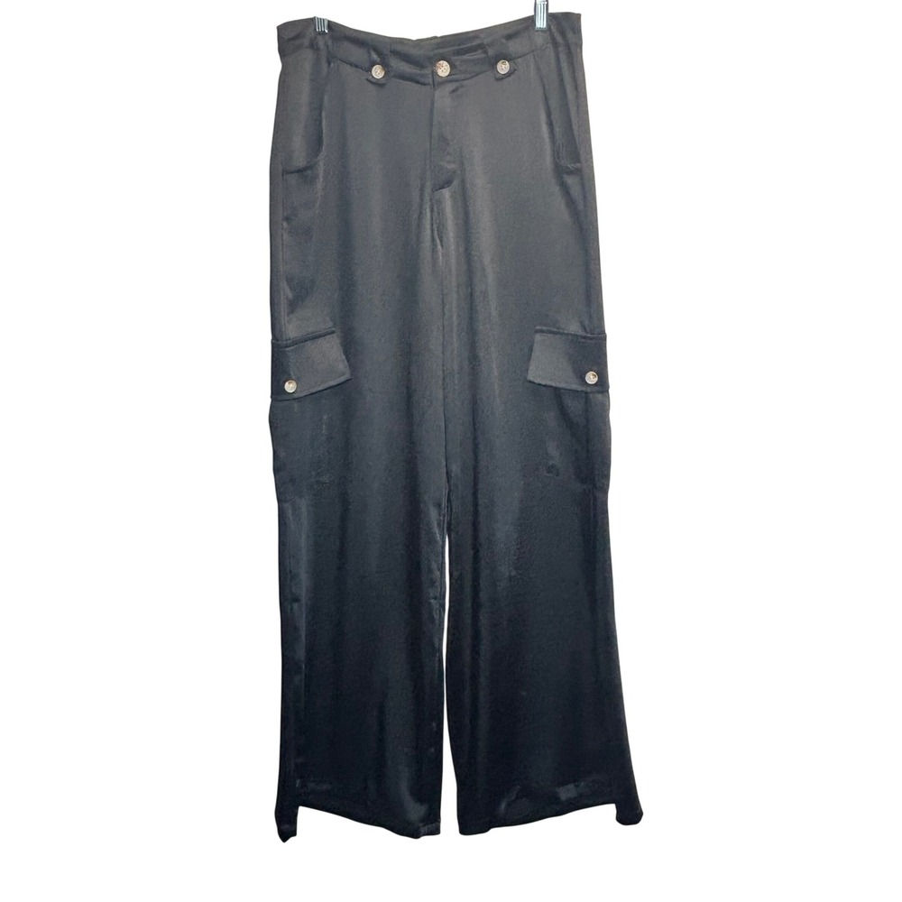 Satin Cargo Pants Black Silky Wide Leg High Rise Chic Italy Dressy Sz M